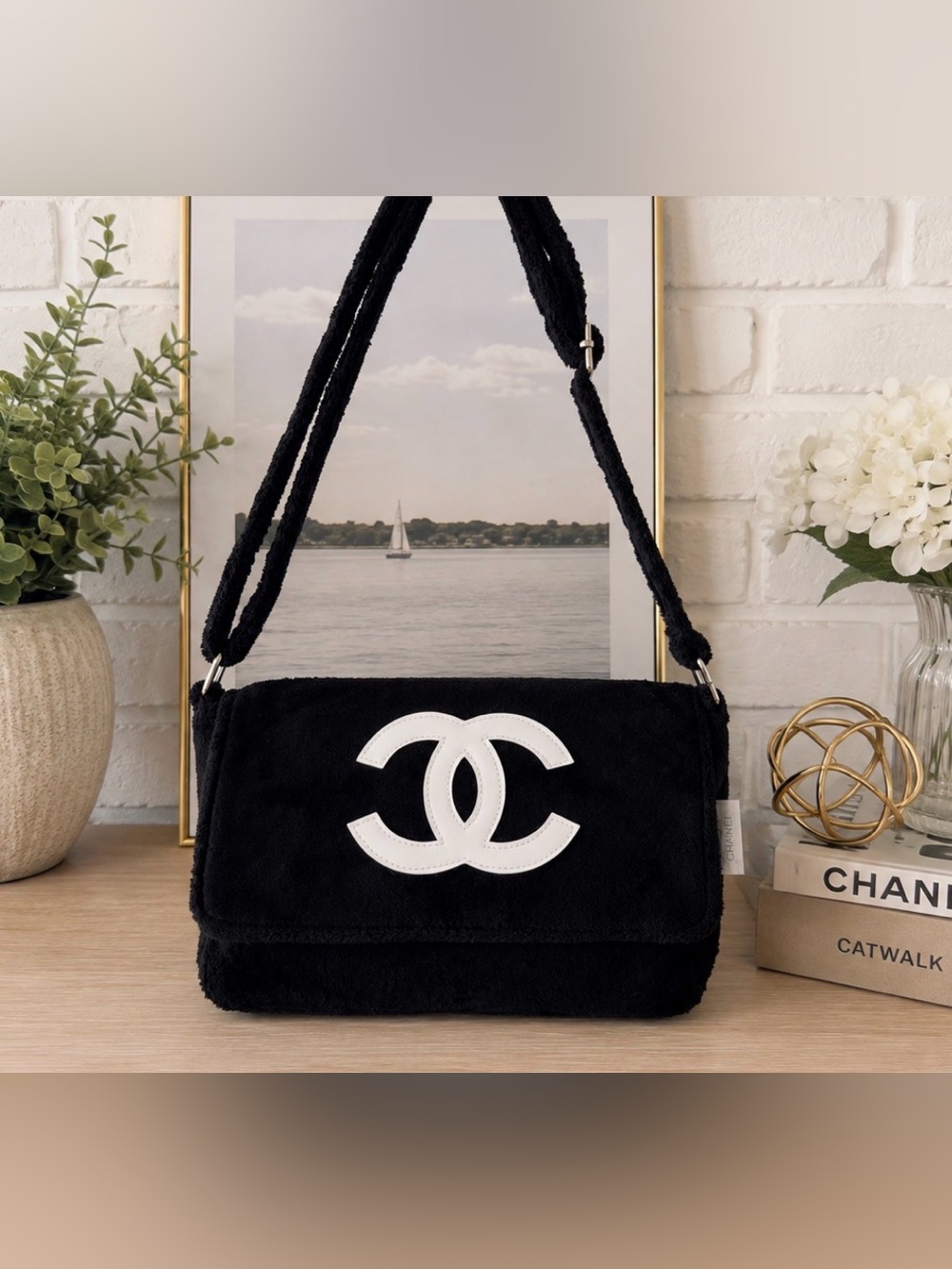 CHANEL Precision Black Bag White Logo Adjustable Crossbody Shoulder Bag NEW GWP